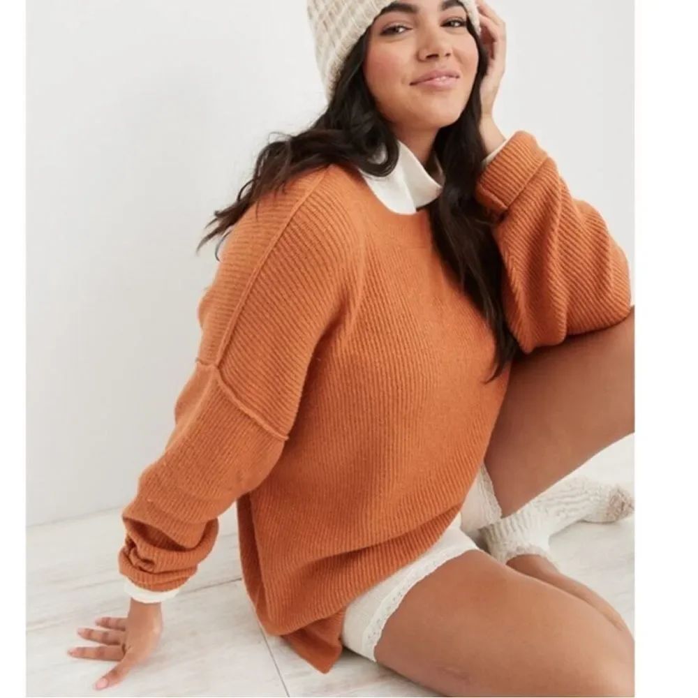 Aerie Cozy Up Ribbed Oversized Pullover Sweater Rust Orange Women’s Medium